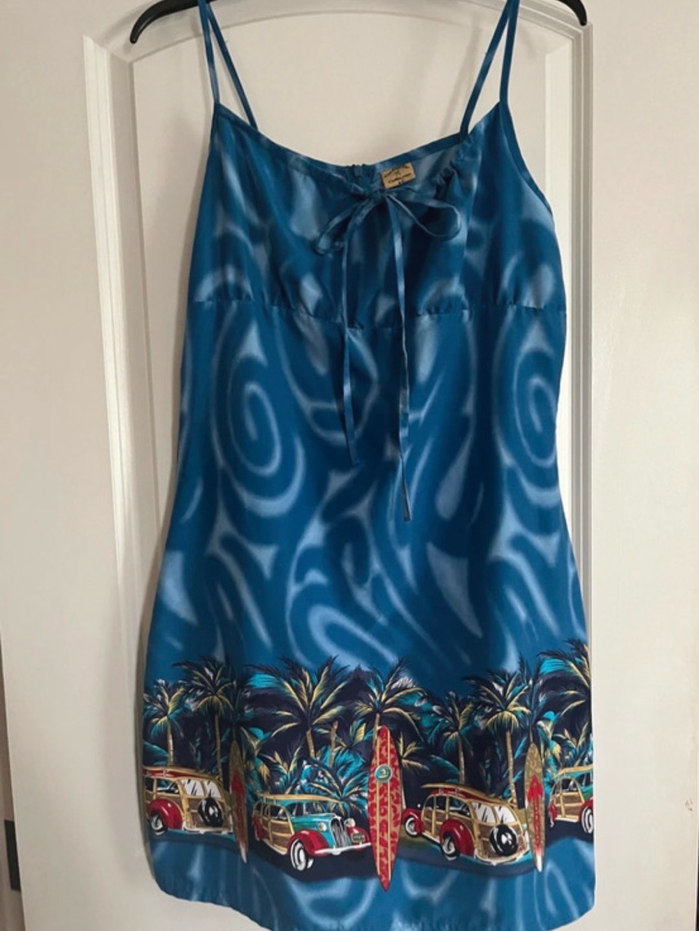 Blue Tropical Print Mini Dress - Spaghetti Strap
